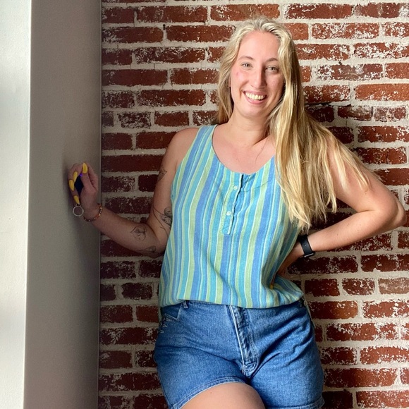 Linen blend blue and green striped tank - Picture 1 of 7